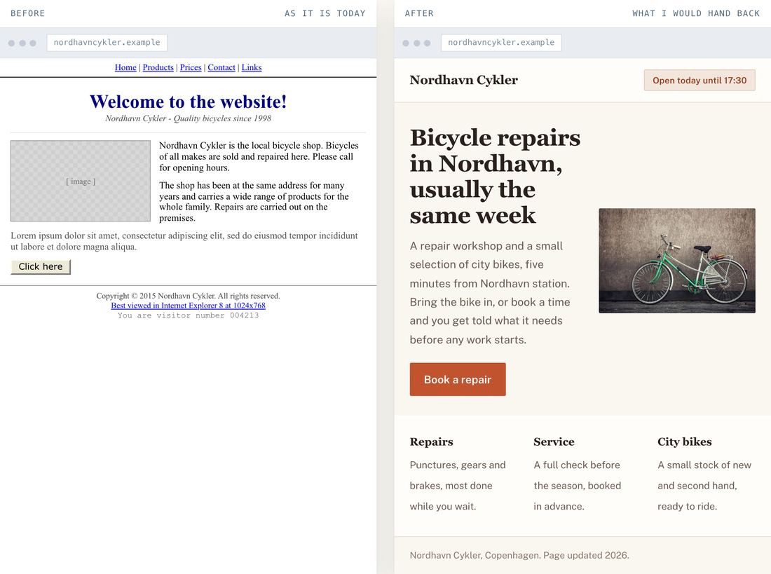 Screenshot of the before and after demo, an old page beside a rebuilt one